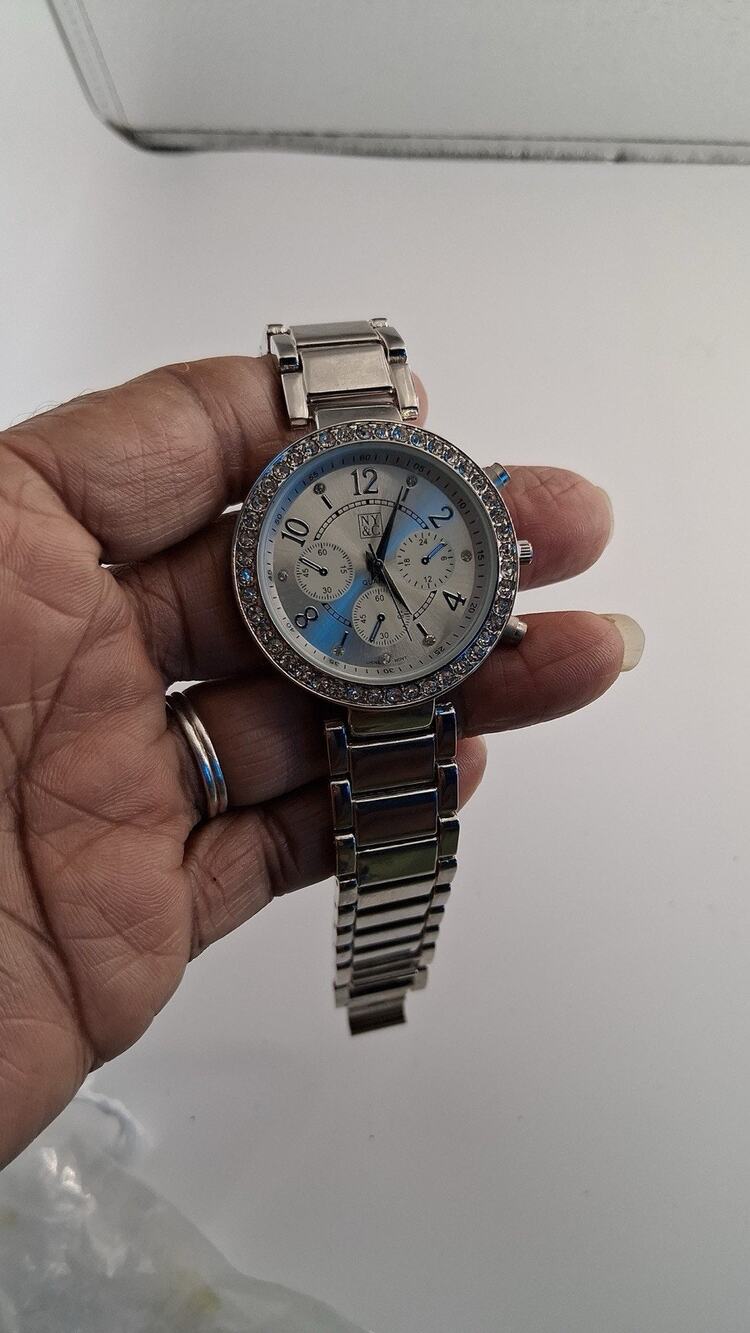 New York & Company Womens Silver Tone Crystal Bezel Watch Subdial Link Bracelet